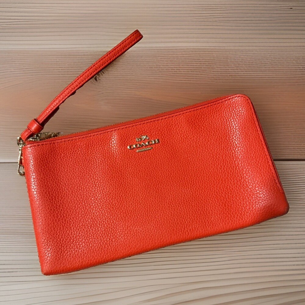 Coach 53089 Pebbled Leather Double Zip Wallet Wristlet Watermelon 🍉
